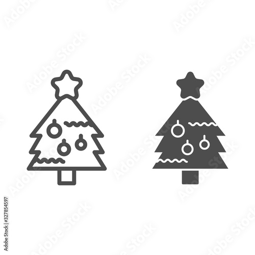 New Year eve tree line and solid icon. Fir-tree with decoration and starsymbol, outline style pictogram on white background. Christmas holiday sign for mobile concept and web design. Vector graphics. photo