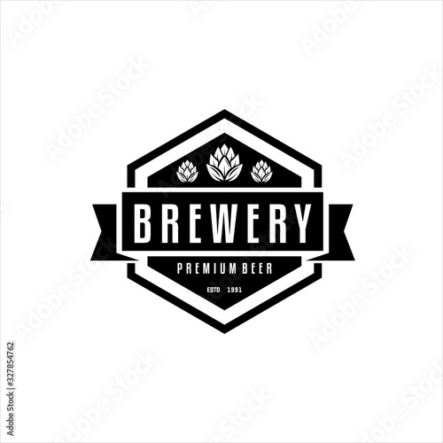 Brewery vector round emblem, label, badge, stamp or logo in monochrome vintage style isolated on background with removable grunge textures