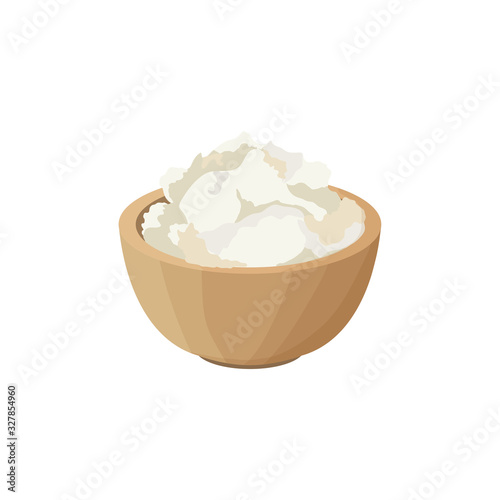 Vector illustration with a wooden plate of shea butter, shea or vitellaria. Ingredient body oil for cosmetic creams. Package or brochure design, label.