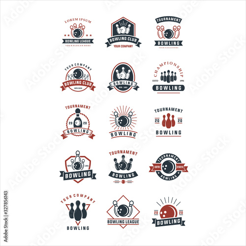 Set of sport Bowling vector logotypes, emblems and badges set. Club gaming play, skittle and strike illustration. Template for club, tournament, champion, challenge.