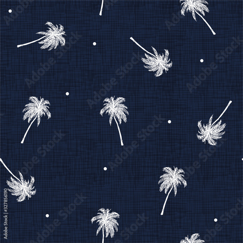 White Palm trees mixed with polka dots on monotone dark blue texture seamless pattern vector EPS10 , Design for fashion,fabric,web,wrapping,beachwear,prints