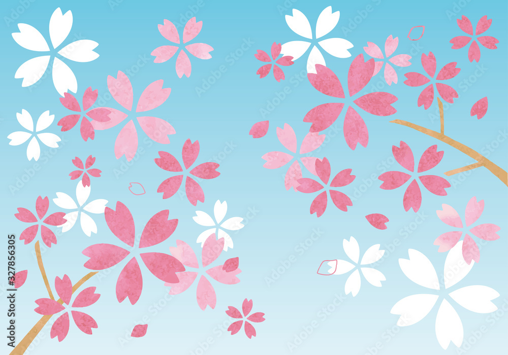 水彩風の桜イラスト 背景ブルー