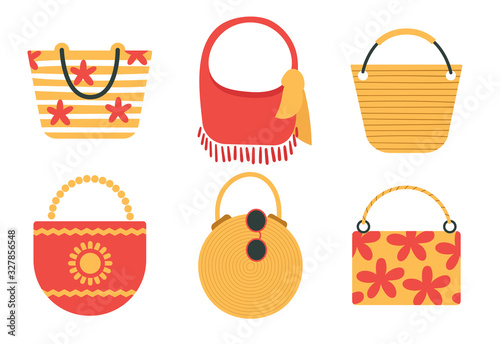 A set of fun beach bags .Accessories for a summer seaside vacation.Fashion and beauty.Flat vector illustration isolated on white background