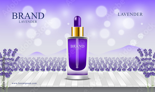 Lavender fields and wooden floors background  for cosmetics and perfume natural product illustration