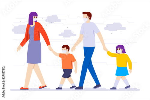 Young family wearing protective Medical mask for prevent virus or air pollution. Dad Mom Daughter Son walking together wearing a surgical mask.