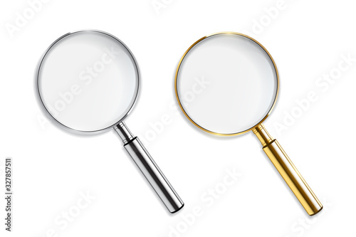 Vector realistic golden and silver magnifiers isolated on white background.