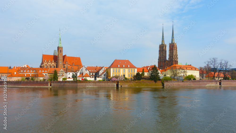Wroclaw, Poland. Panoramic cityscape of old town, view at Tumski island on the Oder river and Cathedral of St John the Baptist.