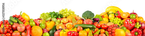 Collage of healthy fresh fruits and vegetables isolated on white background.