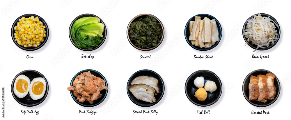 Isolated on White Background of Set of Extra Toppings for Japanese Ramen.  Clipping Path on the Main Object (not the shadow) Included. Stock Photo |  Adobe Stock