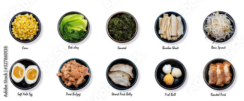Isolated on White Background of Set of Extra Toppings for Japanese Ramen. Clipping Path on the Main Object (not the shadow) Included.