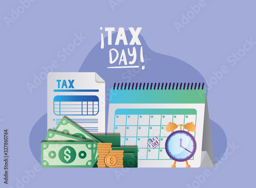 tax day document calendar clock bills and coins vector design