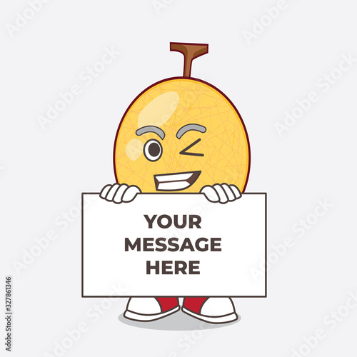 Honeydew Melon cartoon mascot character with funny face hides behind a board