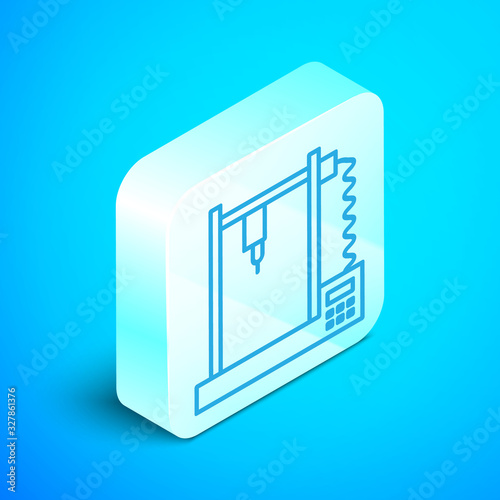 Isometric line 3D printer icon isolated on blue background. Silver square button. Vector Illustration