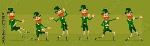 Cartoon funny irish bearded leprechaun boy character with clover hat. Ready for animations. Saint Patricks day. Angry leprechaun ready to fight. Big vector icon set.