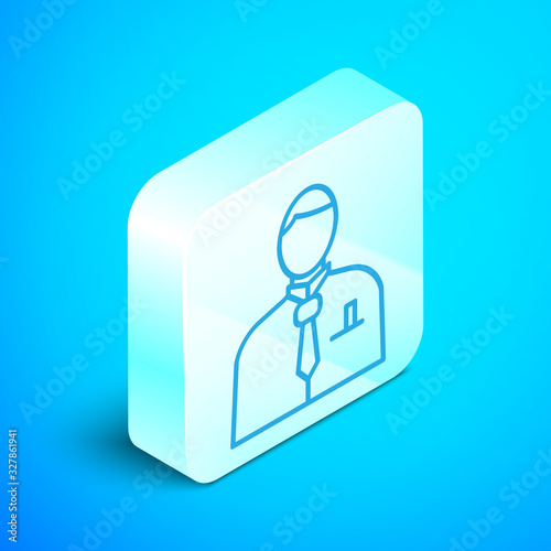 Isometric line Businessman or stock market trader icon isolated on blue background. Silver square button. Vector Illustration