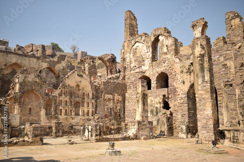 Old Historical Golconda Fort Ruined Walls in India Background stock photograph