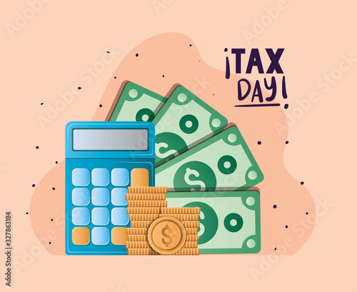 tax day calculator coins and bills vector design