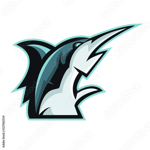 Marlin fish head athletic club vector logo concept isolated on white background. Modern sport team mascot badge design. E-sports team logo template with fish vector illustration