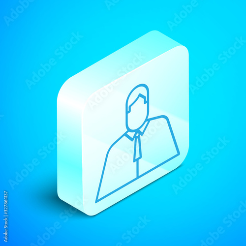Isometric line Lawyer, attorney, jurist icon isolated on blue background. Jurisprudence, law or court icon. Silver square button. Vector Illustration