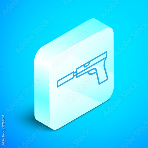 Isometric line Pistol or gun with silencer icon isolated on blue background. Silver square button. Vector Illustration