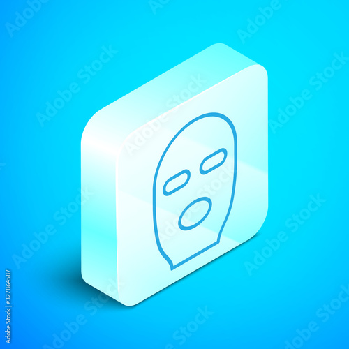 Isometric line Thief mask icon isolated on blue background. Bandit mask, criminal man. Silver square button. Vector Illustration