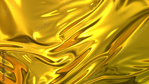 3D render beautiful folds of golden silk in full screen, like a beautiful clean fabric background like gold foil. Simple soft background with smooth folds like waves on a liquid surface.