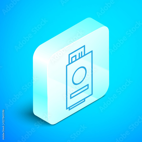 Isometric line Passport with ticket icon isolated on blue background. Identification Document. Concept travel and tourism. Silver square button. Vector Illustration
