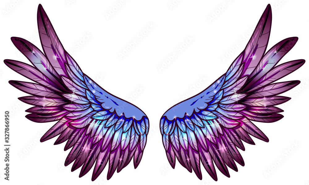 Magic beautiful glowing glittery purple violet blue wings, vector