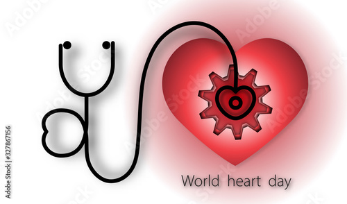 World heart day with heart and stethoscope and gear on red background of paper art style ,vector or illustration with health love concept