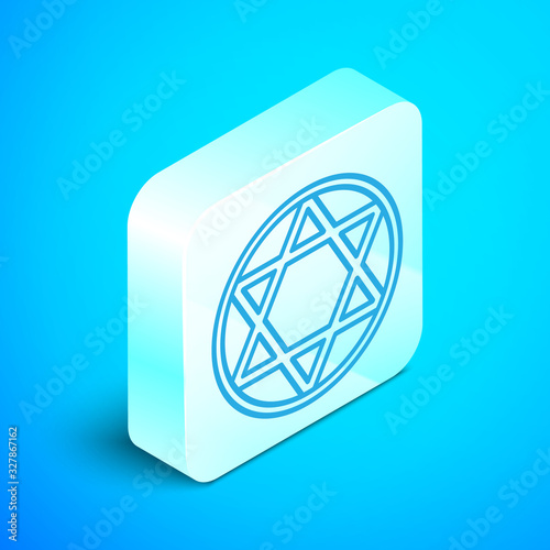 Isometric line Star of David icon isolated on blue background. Jewish religion symbol. Symbol of Israel. Silver square button. Vector Illustration