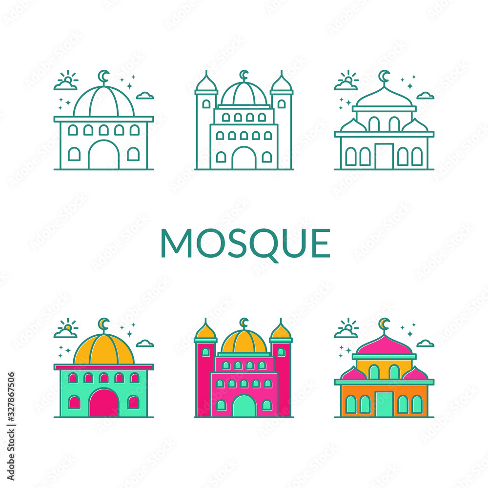 Mosque Icon set. linear colorful icon