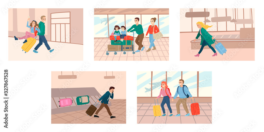 Collection of cards with people in airport terminal. Arrival and departure concept. Vector cartoon illustration