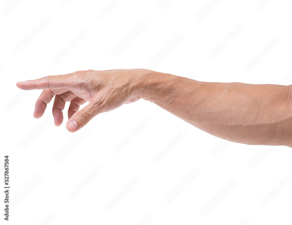 Asian man hand pointing on white background