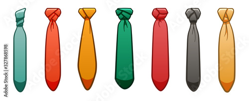 Seven neckties of different colors set on white background