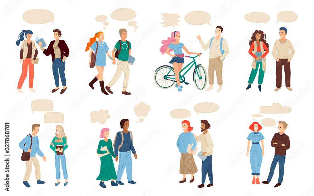 Dialogue between two people. Set of multinational pairs talking each other. Vector illustration