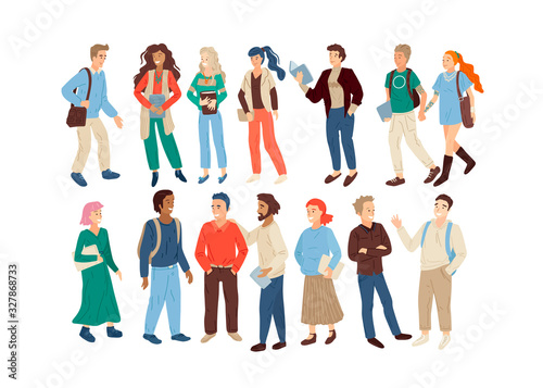 Literature fans. Multinational group of people with books. Vector illustration