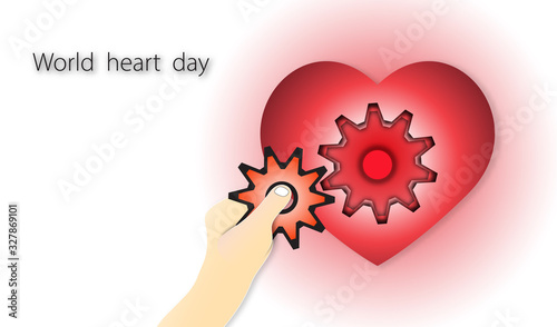 World heart day with heart and hand holding gear on red background of paper art style ,vector or illustration with health love concept