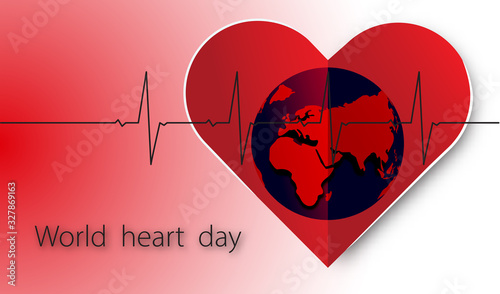 World heart day with heart and pulse and globe on red white background ,vector or illustration with health love concept