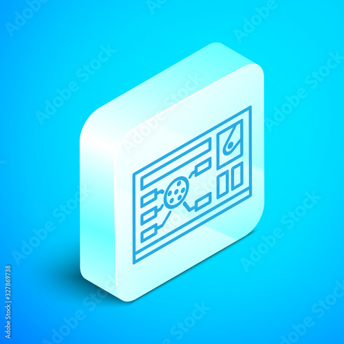 Isometric line Futuristic hud interface icon isolated on blue background. Hologram ui infographic, interactive globe and cyber sky fi screen. Silver square button. Vector Illustration