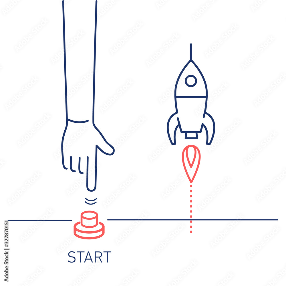 Start up. Vector business illustration of hand pushing start button and ...