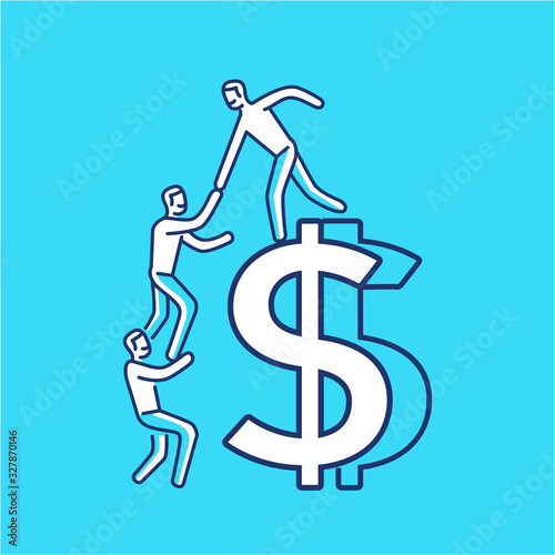 Vector business icon of team help cooperation climbing on dolar sign | modern flat design linear concept illustration and infographic on blue background