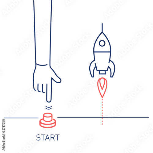 Start up. Vector business illustration of hand pushing start button and rocket | modern flat design linear concept icon and infographic red and blue on white background