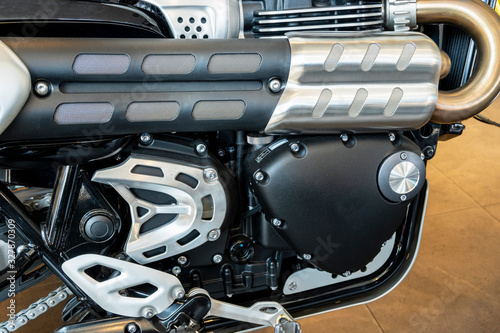  Motorcycle engine and twin exhaust
