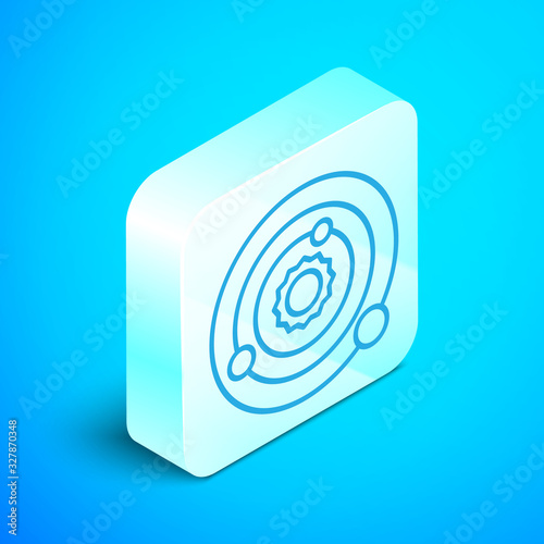 Isometric line Solar system icon isolated on blue background. The planets revolve around the star. Silver square button. Vector Illustration