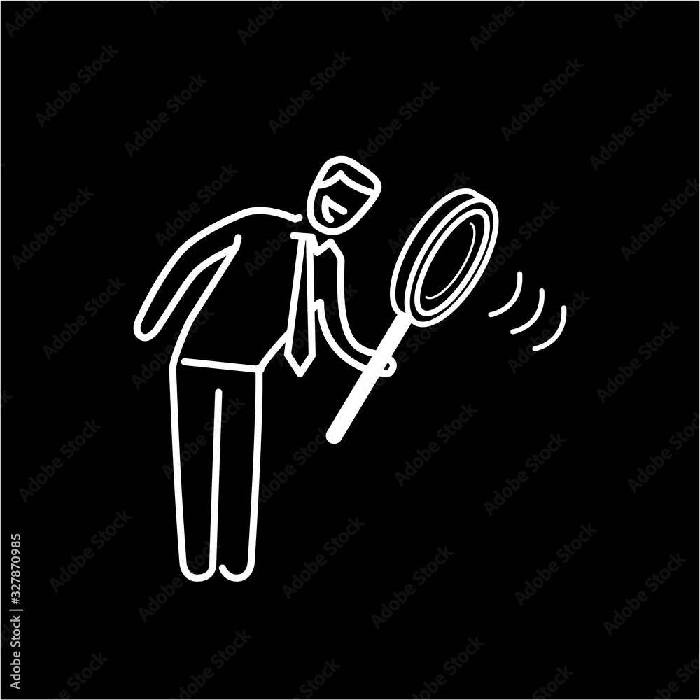 Searching. Vector illustration of businessman with magnifying glass | modern flat design linear concept icon and infographic white on black background Searching. Vector illustration of businessman with magnifying glass | modern flat design linear concept icon and infographic white on black background