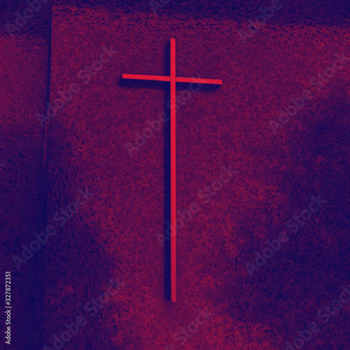 duo tone cross in holographic colors, purple red abstract background, catholic