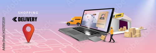 Online delivery service concept, online order tracking,Delivery home and office. City logistics. Warehouse, truck, forklift, courier, Chat order products on computer. Vector illustration