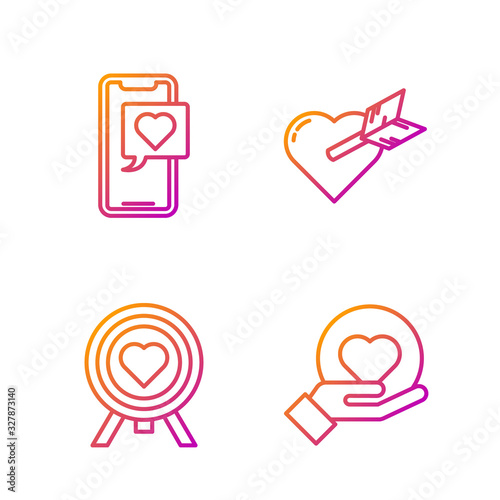 Set line Heart on hand, Heart in the center of darts target aim, Smartphone with heart speech bubble and Amour with heart and arrow. Gradient color icons. Vector