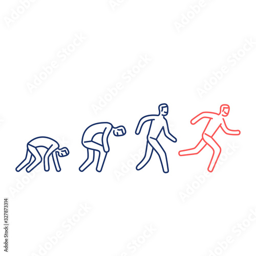 Never give up. Vector illustration of businessman evolution from crawling to running forward | modern flat design linear concept icon and infographic blue and red on white background
