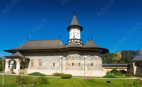 Painted church in monastic complex in Sucevita, Romania